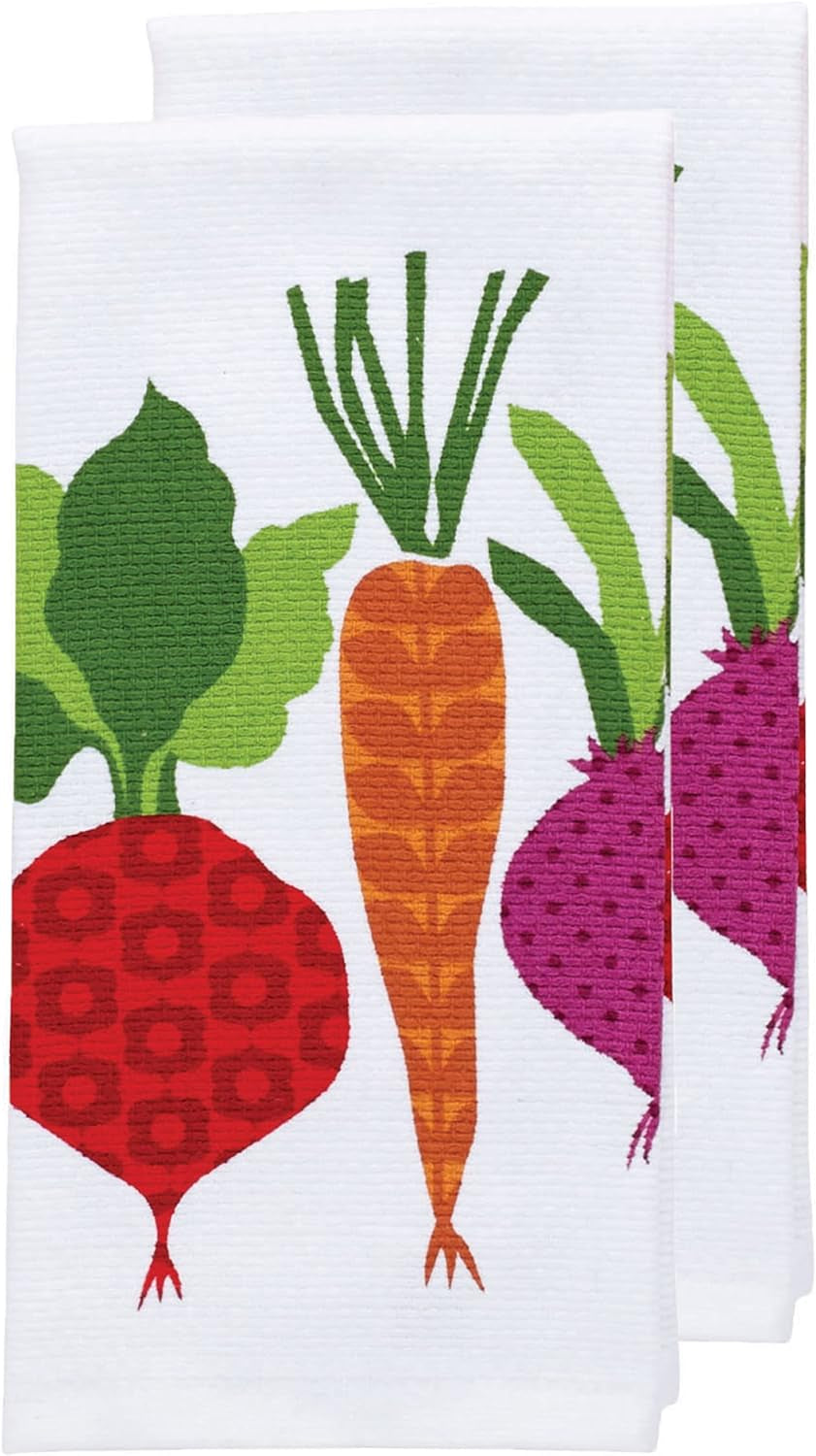 T-Fal Textiles Double Sided Print Woven Cotton Kitchen Dish Towel Set, 2-Pack, 16" X 26", Veggie Print