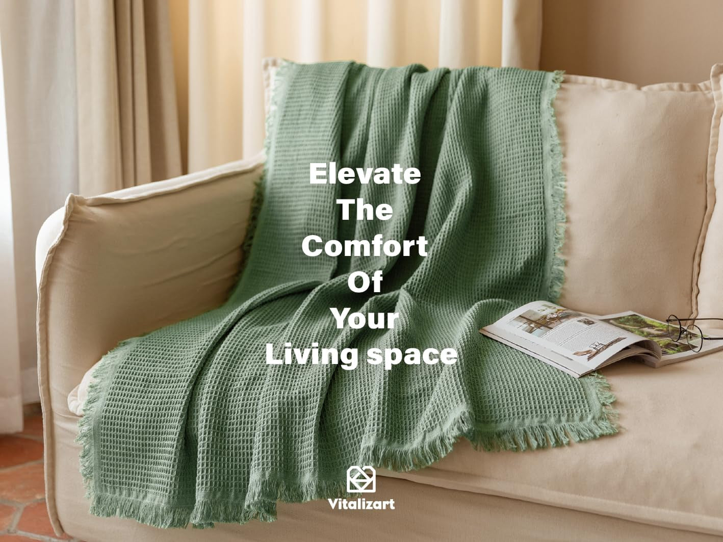 Vitalizart Green Throw Blanket for Couch Sofa Bed Waffle Knit Fringe 50" X 60" Lightweight Blankets & Throws for Home Living Room Farmhouse Decor Boho Cotton Weave