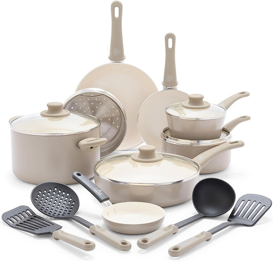 Greenlife Soft Grip Healthy Ceramic Nonstick 16 Piece Kitchen Cookware Pots and Frying Sauce Saute Pans Set, Pfas-Free with Kitchen Utensils and Lid, Dishwasher Safe, Taupe