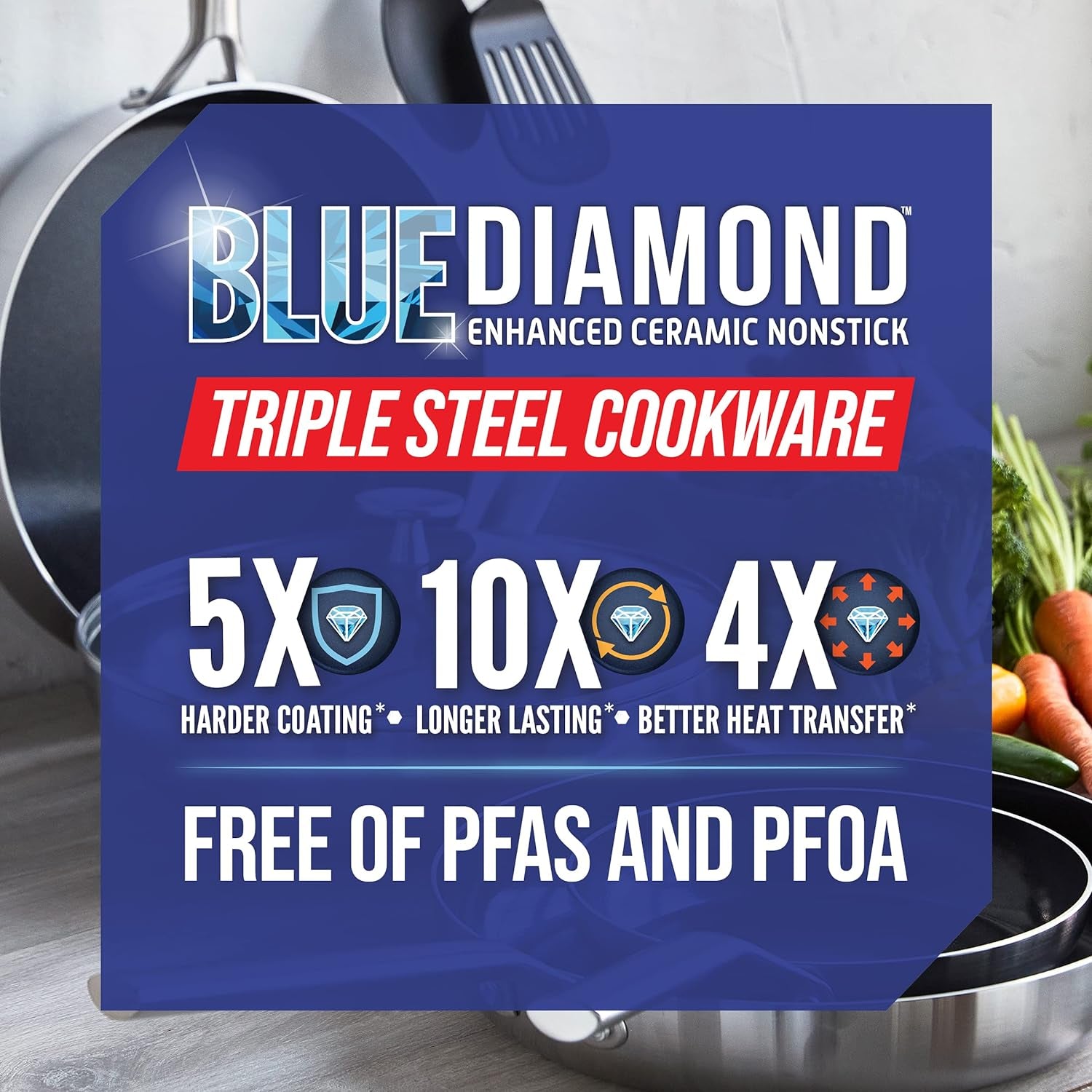 Blue Diamond 11 Piece Cookware Set, Stainless Steel Tri-Ply, Induction Compatible, Diamond Infused Ceramic Nonstick, PFOAS and PFAS Free, Dishwasher Safe, Metal Utensil Safe, Scratch Resistant, Silver