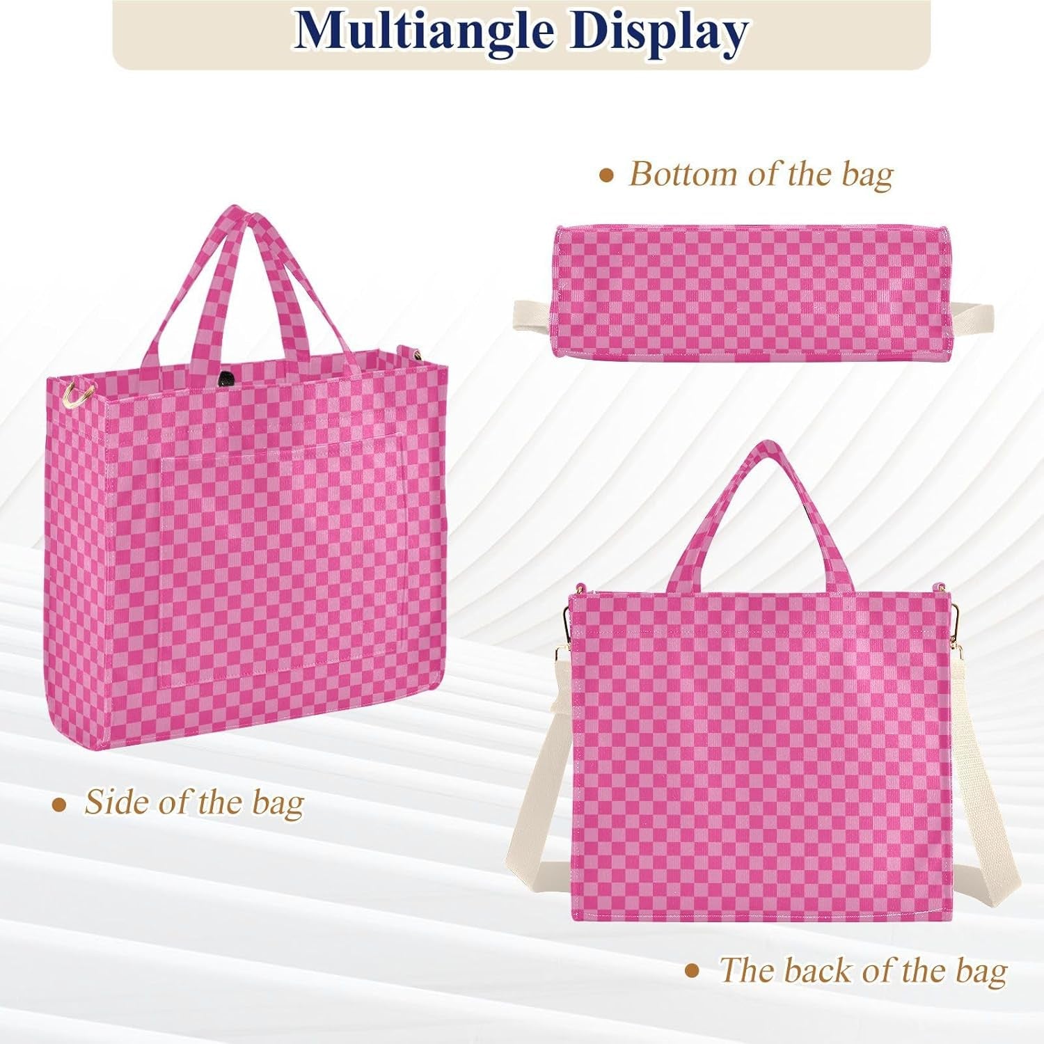 Pink Checkered Tote Bag for Women Large Corduroy Canvas Tote Bag Teacher Crossbody Bag for Office Travel College