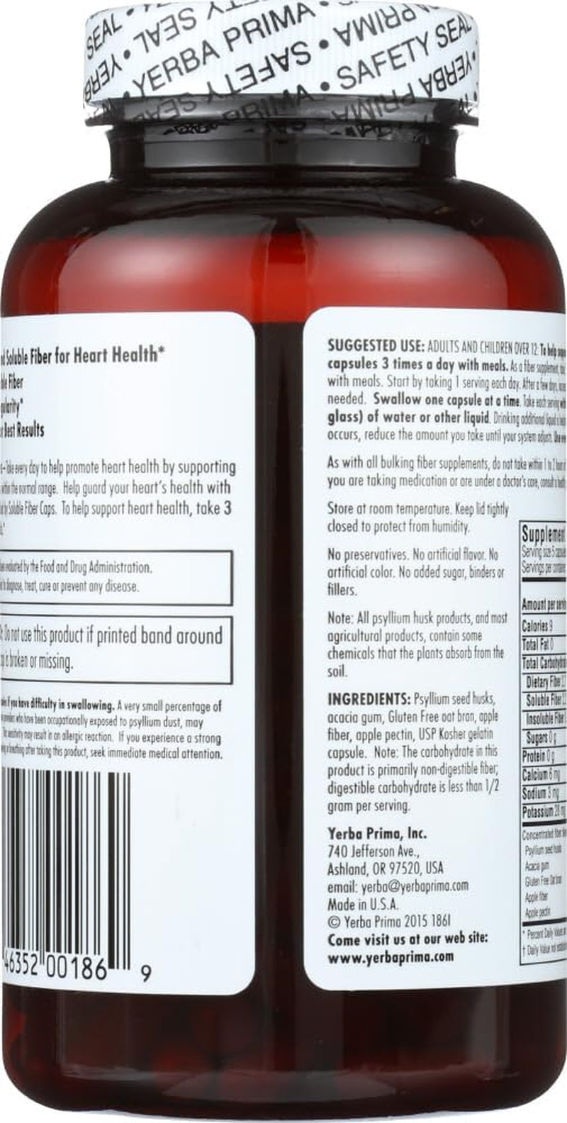 Yerba Prima Soluble Fiber Capsules, 180-Count - Natural Dietary Supplement Formula, Non-Gmo, Gluten Free