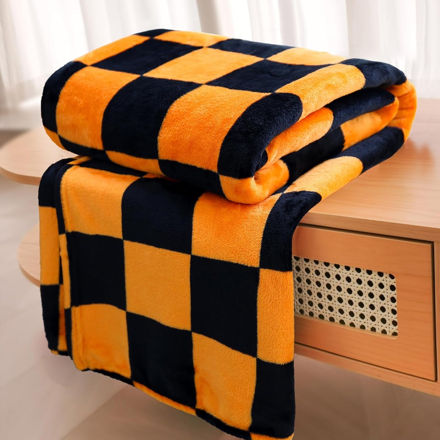 Vessia Throw Blanket Checkerboard Black and Orange, Orange Chessboard Flannel Blanket for Couch,Bed,Sofa, 300GSM Soft Cozy Comfy Warm Checkered Blanket Halloween Decor for All Season