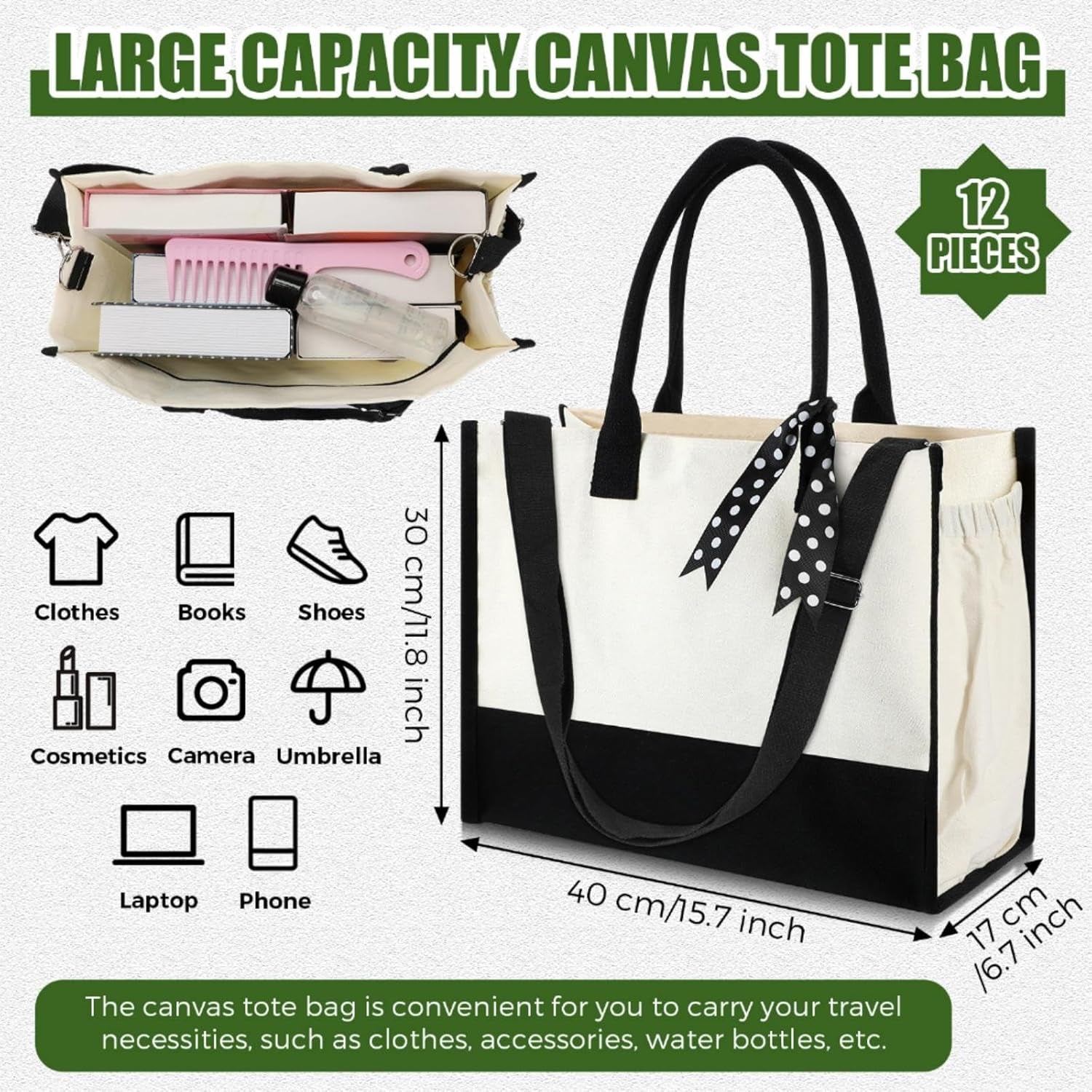 Paterr 12 Pcs Bridesmaid Canvas Tote Bags Bulk for Women Black and White Canvas Bag with Shoulder Strap and Zipper for Wedding Mother Teacher Bride Friend