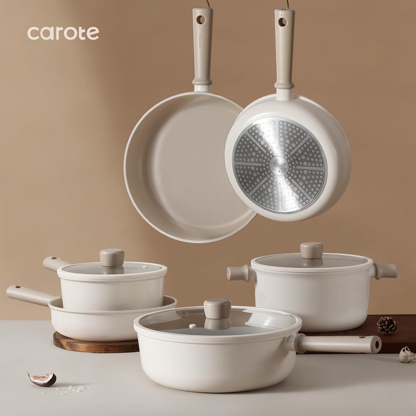 CAROTE 16Pcs Pots and Pans Set Non Stick, Nonstick Kitchen Cookware Sets, Induction Cookware Sets with Stay-Cool Handle, Beige and Taupe