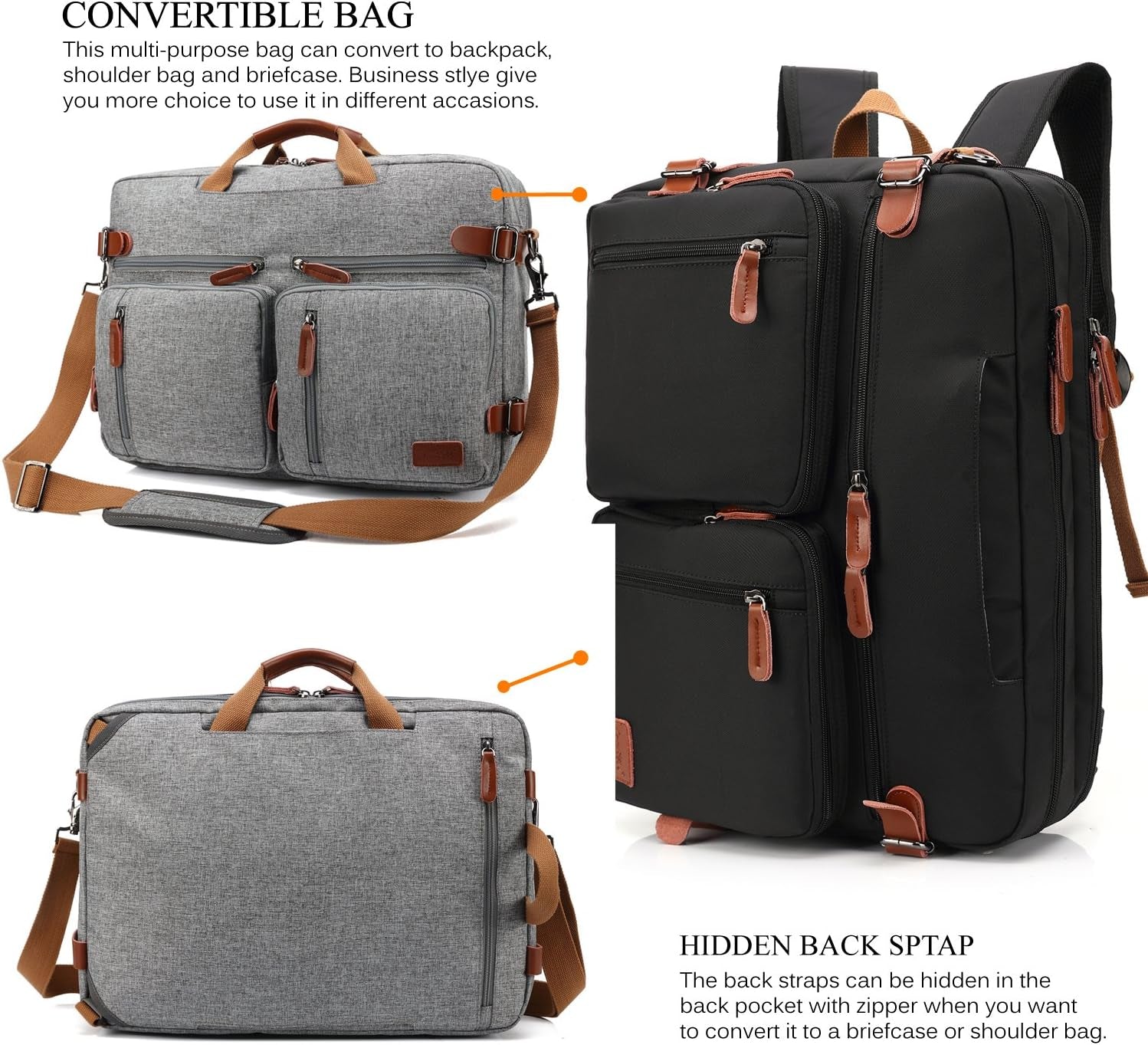 Convertible Backpack Messenger Shoulder Bag Laptop Case Handbag Business Briefcase Multi-Functional Travel Rucksack Fits 17.3 Inch Laptop for Men/Women (Grey)