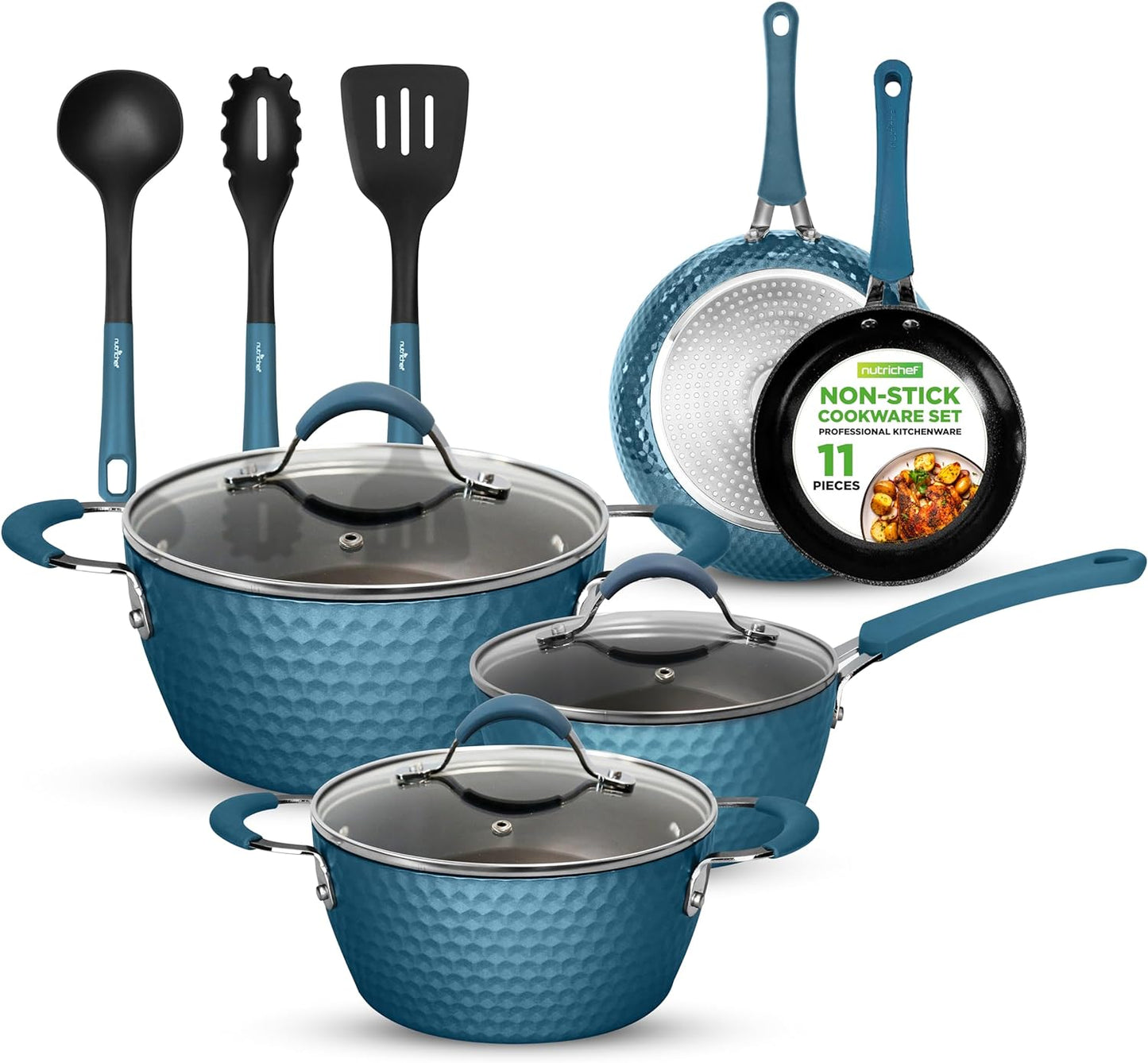 Nutrichef 11 Pc Pots and Pans Set Non Stick Cookware with Ceramic Coating, Ergonomic Handles, Induction Ready, Includes Saucepan, Dutch Oven, Large & Small Fry Pans, Royal Blue