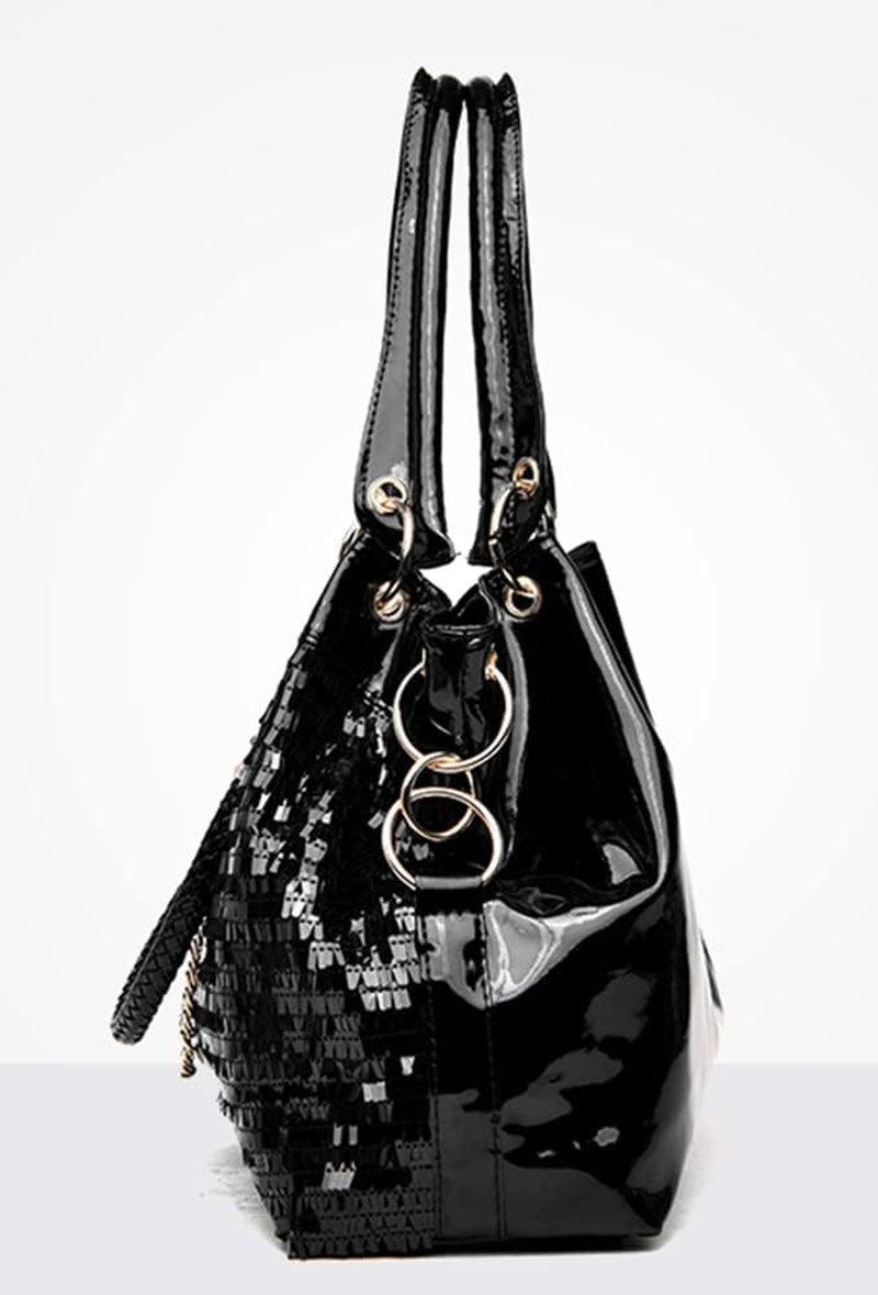 Women Patent Hobos Shiny Top-Handle Bags Chain Handbags Large Shoulder Bags for Ladies Sequin Purse