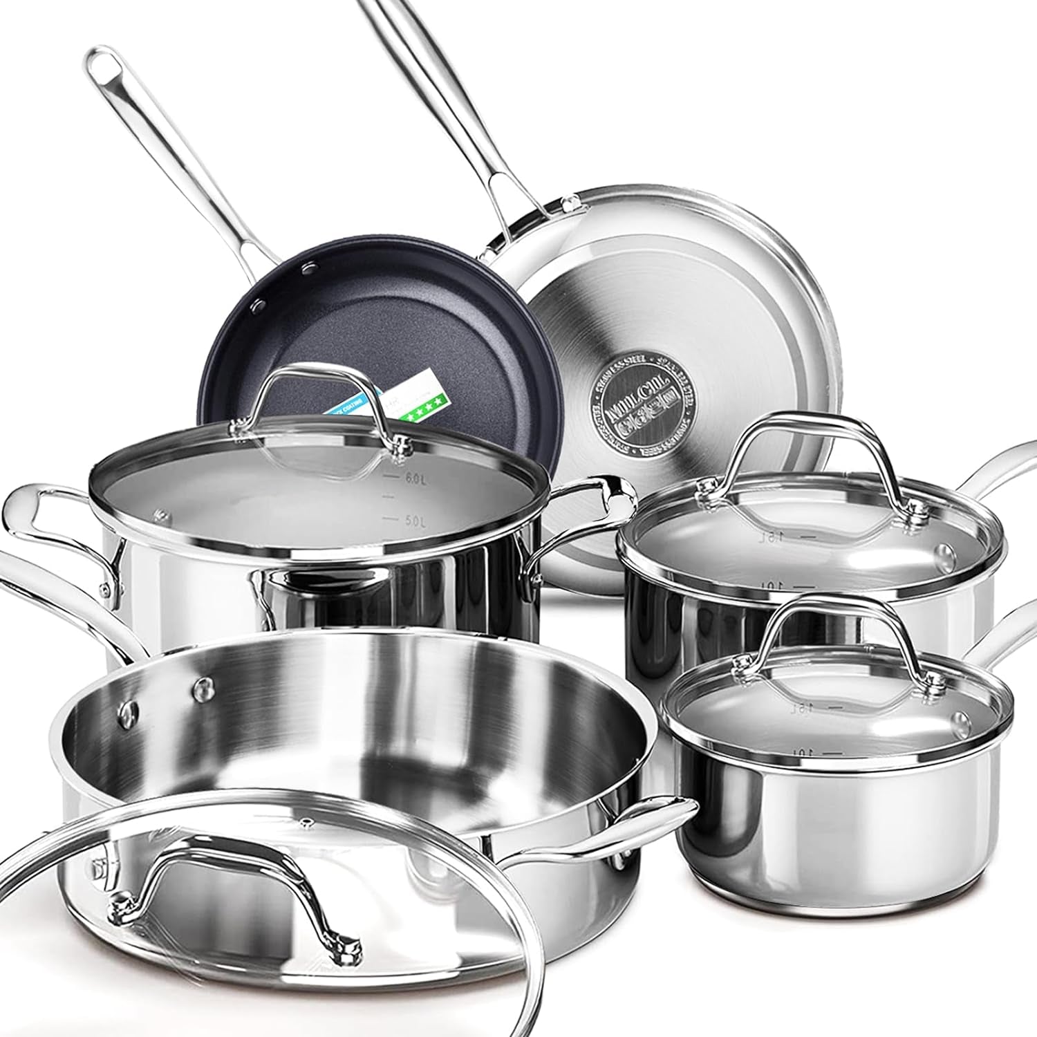 Stainless Steel Pots and Pans Set Ceramic Nonstick, 10 Pcs Professional Home Chef Kitchen Cookware Set, Free of PTFE/PFOA/PFAS, NO TOXIN, Oven and Dishwasher Safe