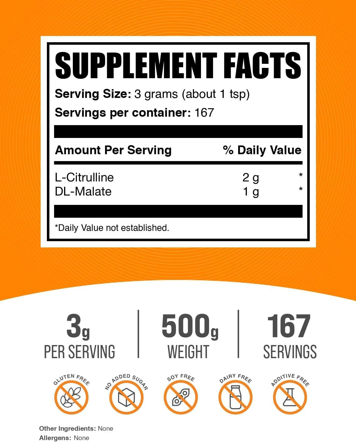 Bulksupplements.Com L-Citrulline Malate 2:1 Powder - Nitric Oxide Boost, Citrulline Malate Supplement - Unflavored & Gluten Free - 3G per Servings, 500G (1.1 Lbs) (Pack of 1)