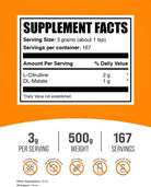 Bulksupplements.Com L-Citrulline Malate 2:1 Powder - Nitric Oxide Boost, Citrulline Malate Supplement - Unflavored & Gluten Free - 3G per Servings, 500G (1.1 Lbs) (Pack of 1)