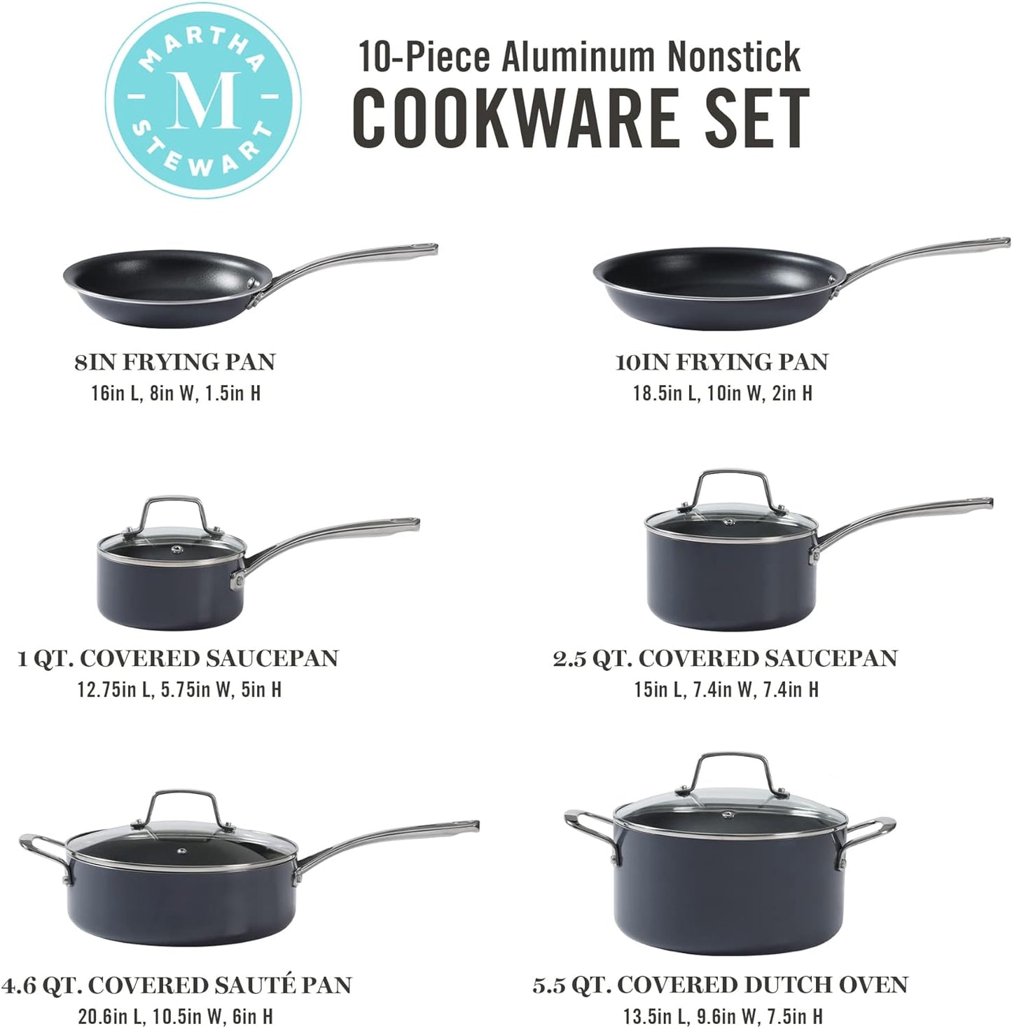 Martha Stewart Lockton Premium Nonstick 10 Piece Enamel Heavy Gauge Aluminum Pots and Pans Cookware Set - Grey