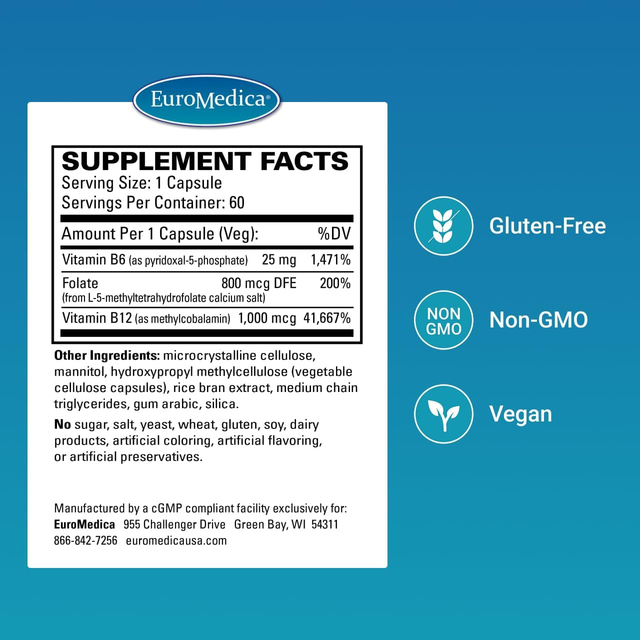 Euromedica Active B Complex - Supplement to Aid Heart Health with Bioactive B Vitamins - Supplement with Folate & Calcium - B Complex Capsules to Aid Nervous System Health & Function - 60 Capsules