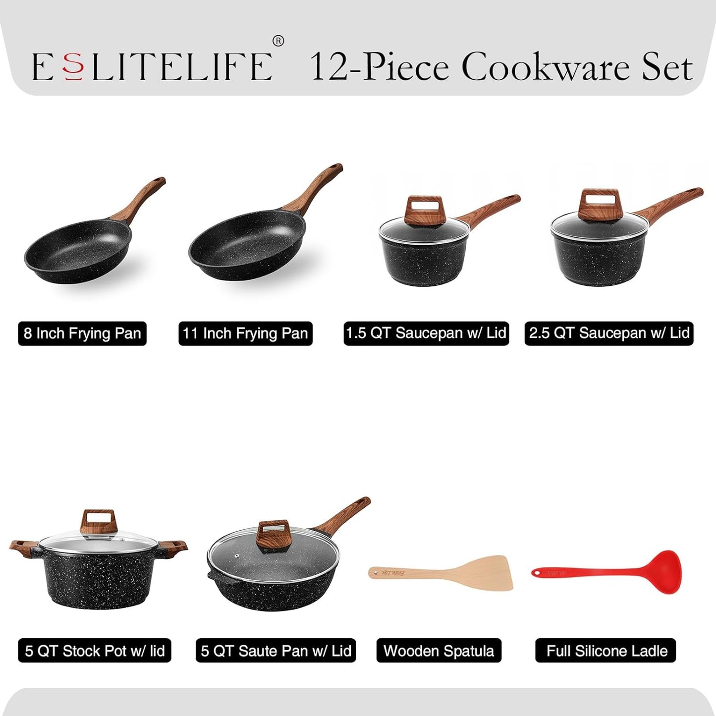 ESLITE LIFE Nonstick Cookware Sets, 12 Pcs Granite Coating Pots and Pans Set Kitchen Cooking Set, Compatible with All Stovetops (Gas, Electric & Induction), PFOA Free, Black