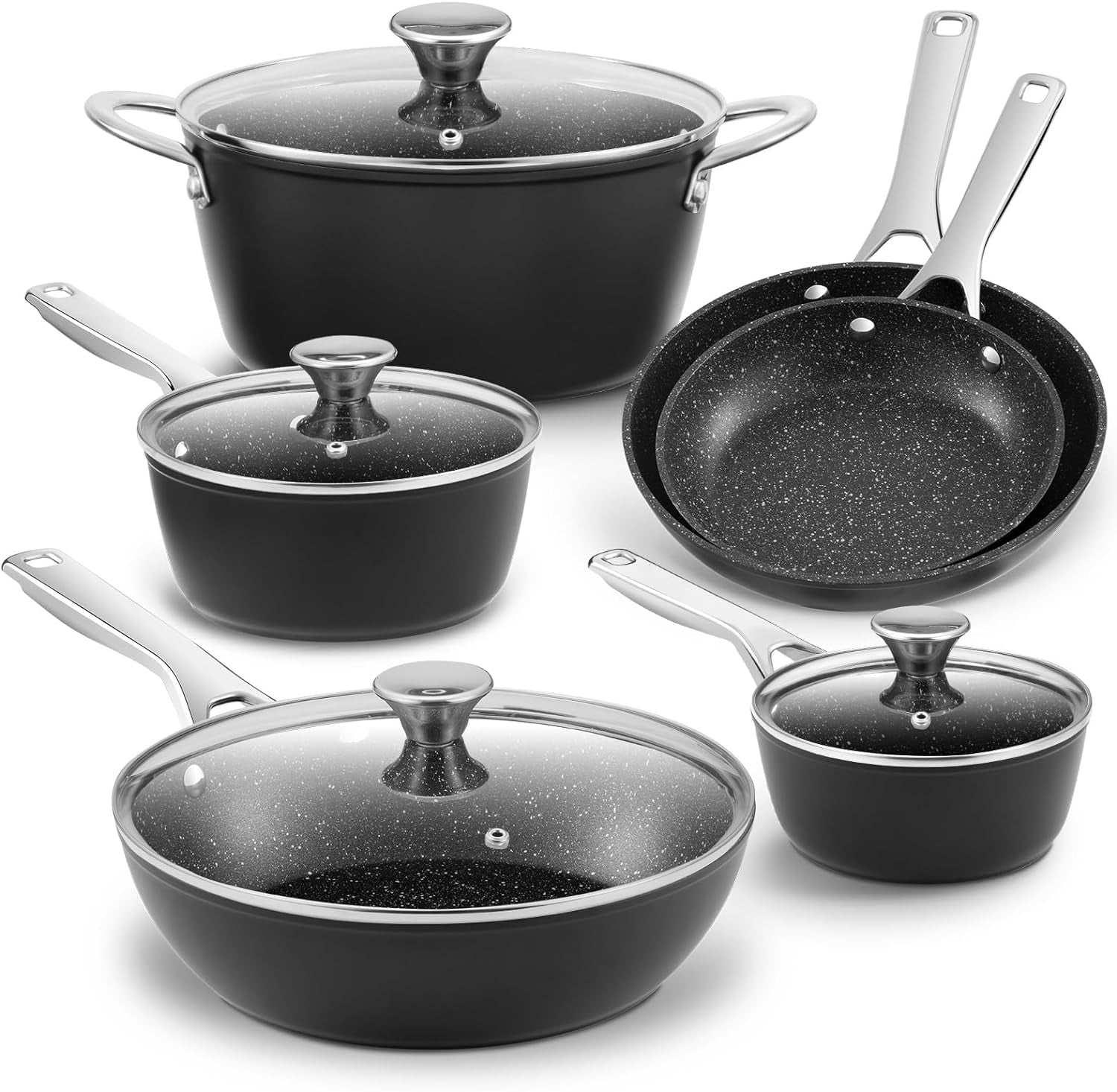 Induction Cookware Nonstick, BEZIA Pots and Pans Set for Induction Cooktop, Compatible with All Stoves, Dishwasher Safe Kitchen Cooking Pan Set with Frying Pans, Saucepans & Stockpot, 10-Piece