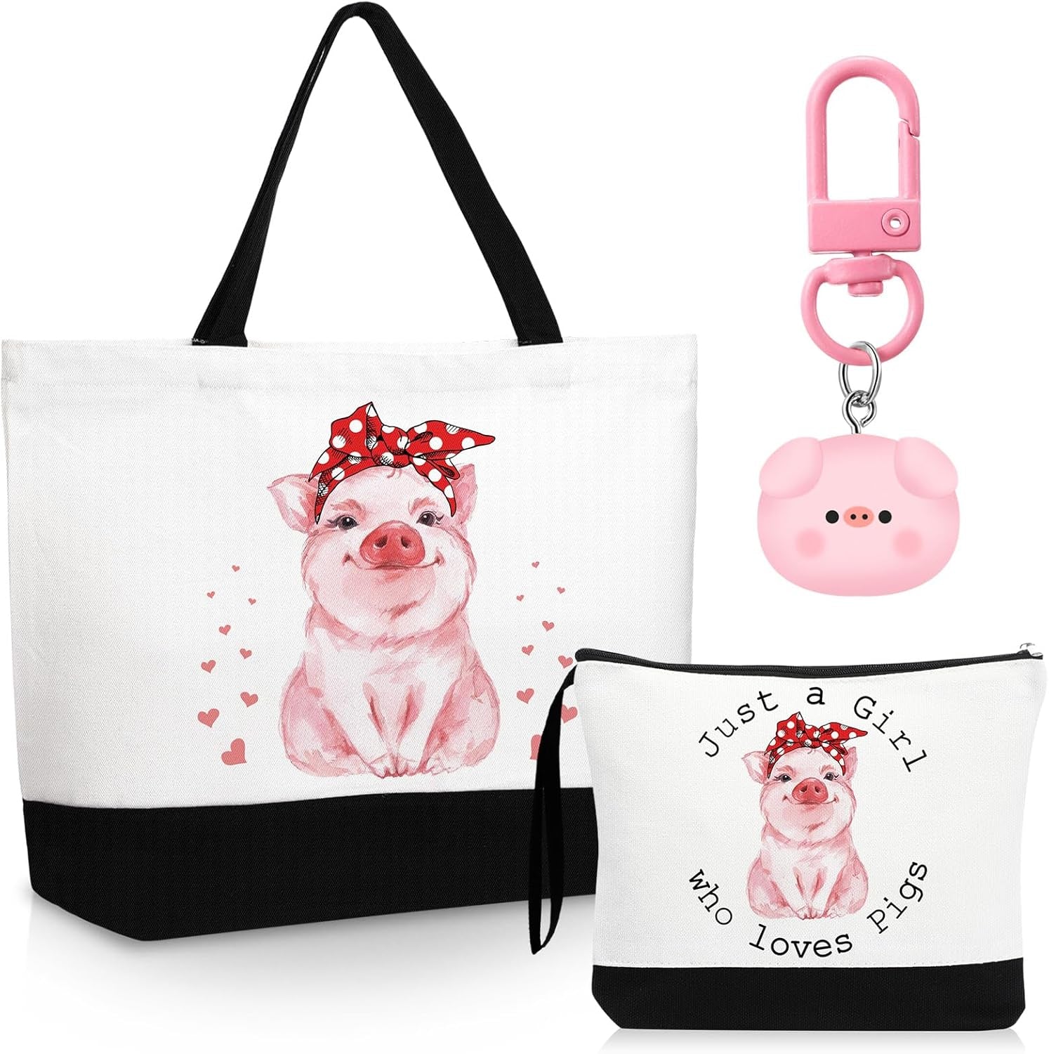 3 Pcs Pigs Lover Gift for Women Pink Pig Canvas Tote Bag Travel Cosmetic Bags Keychain Portable Makeup Zipper Pouch with Handle Funny Piggy Shopping Birthday Vbs Housekeepers Week Gift