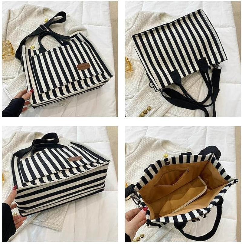 Canvas Tote Bag with Multi Pockets Women Stripe Crossbody Tote Bag Casual Purse Handbag Shoulder Bag for Work College Travel