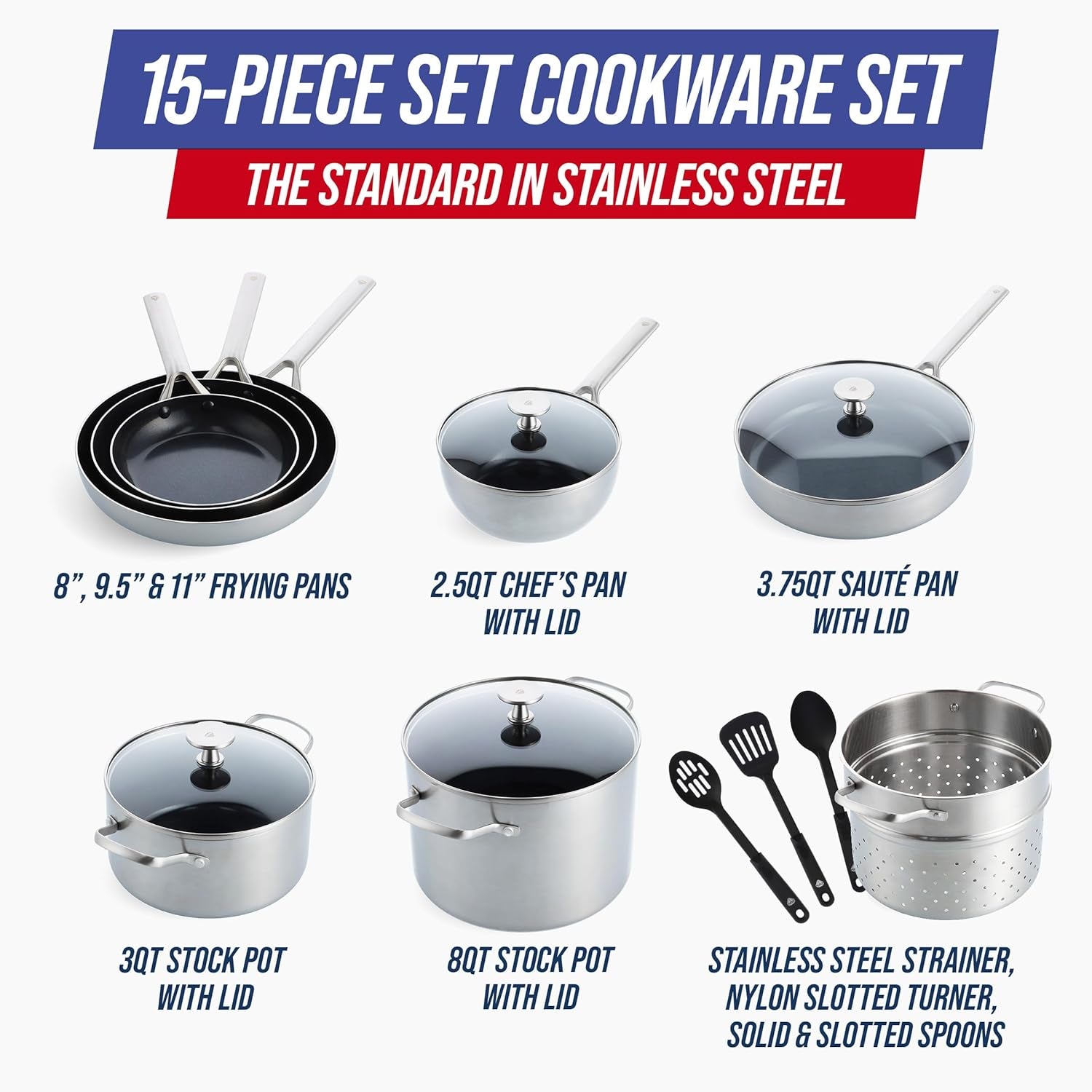 Blue Diamond 15-Piece Tri-Ply Stainless Steel Cookware Set with Ceramic Nonstick Frypans, Induction-Compatible Pots & Pans, Pfas-Free, Dishwasher Safe, 600°F Oven Safe, Metal Utensil Safe