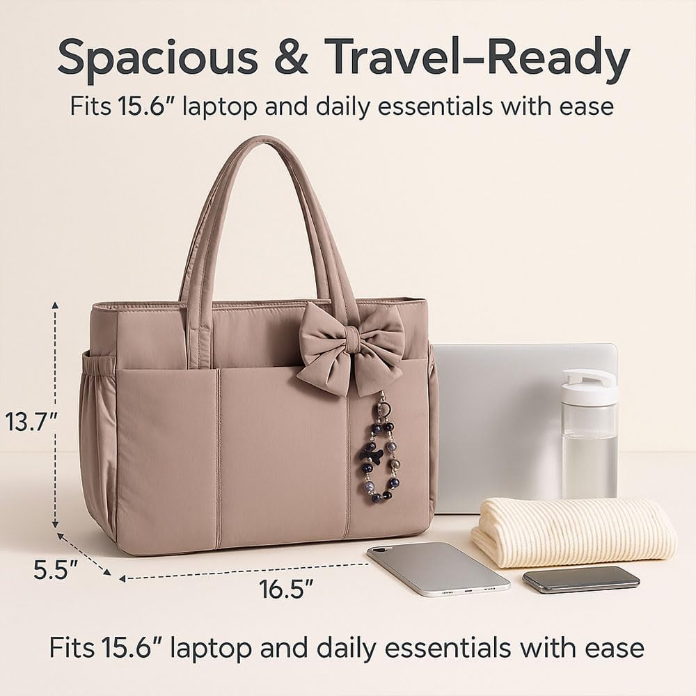 Crush Bow Tote Bag, 26L Foldable Travel Tote for Women with Compartments, Lightweight Shoulder Handbag for Work