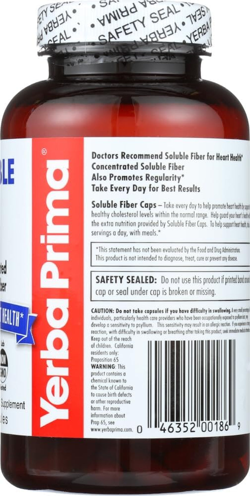 Yerba Prima Soluble Fiber Capsules, 180-Count - Natural Dietary Supplement Formula, Non-Gmo, Gluten Free