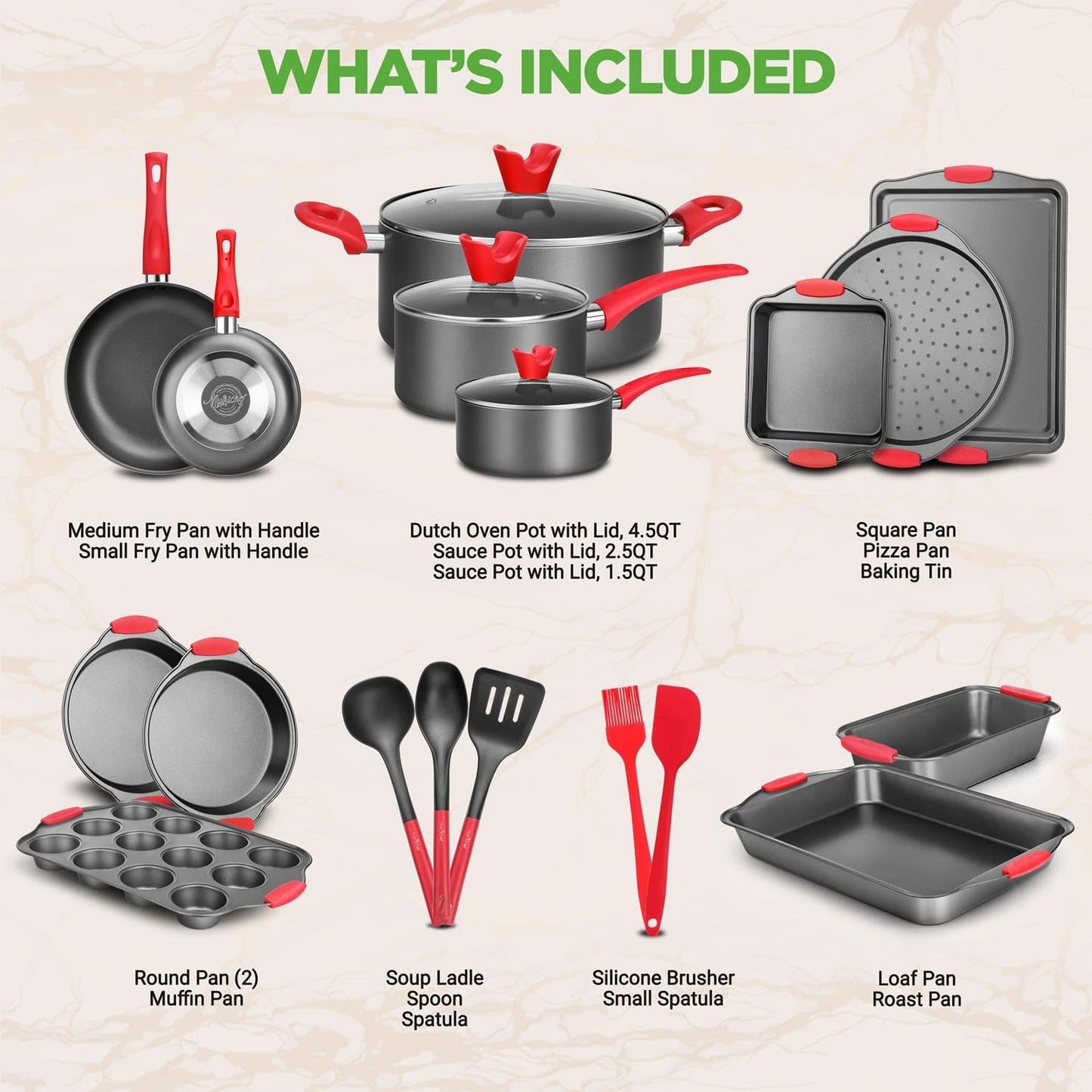 Nutrichef 21-Piece Nonstick Cookware Set - Includes Saucepans, Skillets, round & Square Baking Pans, Loaf & Muffin Pans, Pizza Crisper, Cookie Sheet, & Silicone Utensils - Complete Kitchen Set