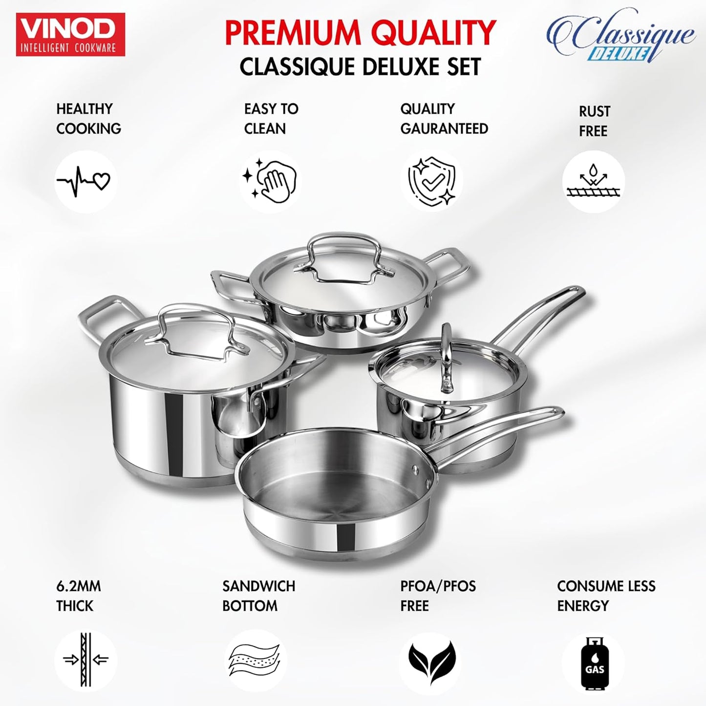 Vinod Classic Deluxe 4 Pcs Stainless Steel Cookware Combo Set Of/Saucepan, Sauc