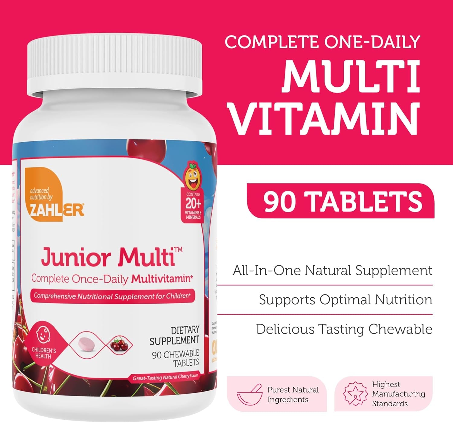 Zahler Kids Multivitamin Chewable Vitamin Tablet - Complete One Daily Vitamins Supplement - Contains 20+ Minerals & Vitamins for Kids & Toddlers - Kosher Multivitamins Cherry Flavor (90)