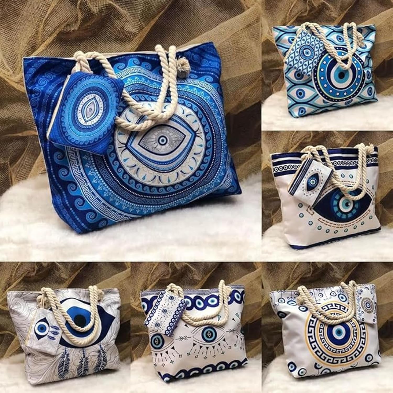 Evil Eye Beach Tote Bag,Handmade Canvas Shoulder Bag With,Multifunctional Shopping Bag,Suitable for Travel and Daily Use.