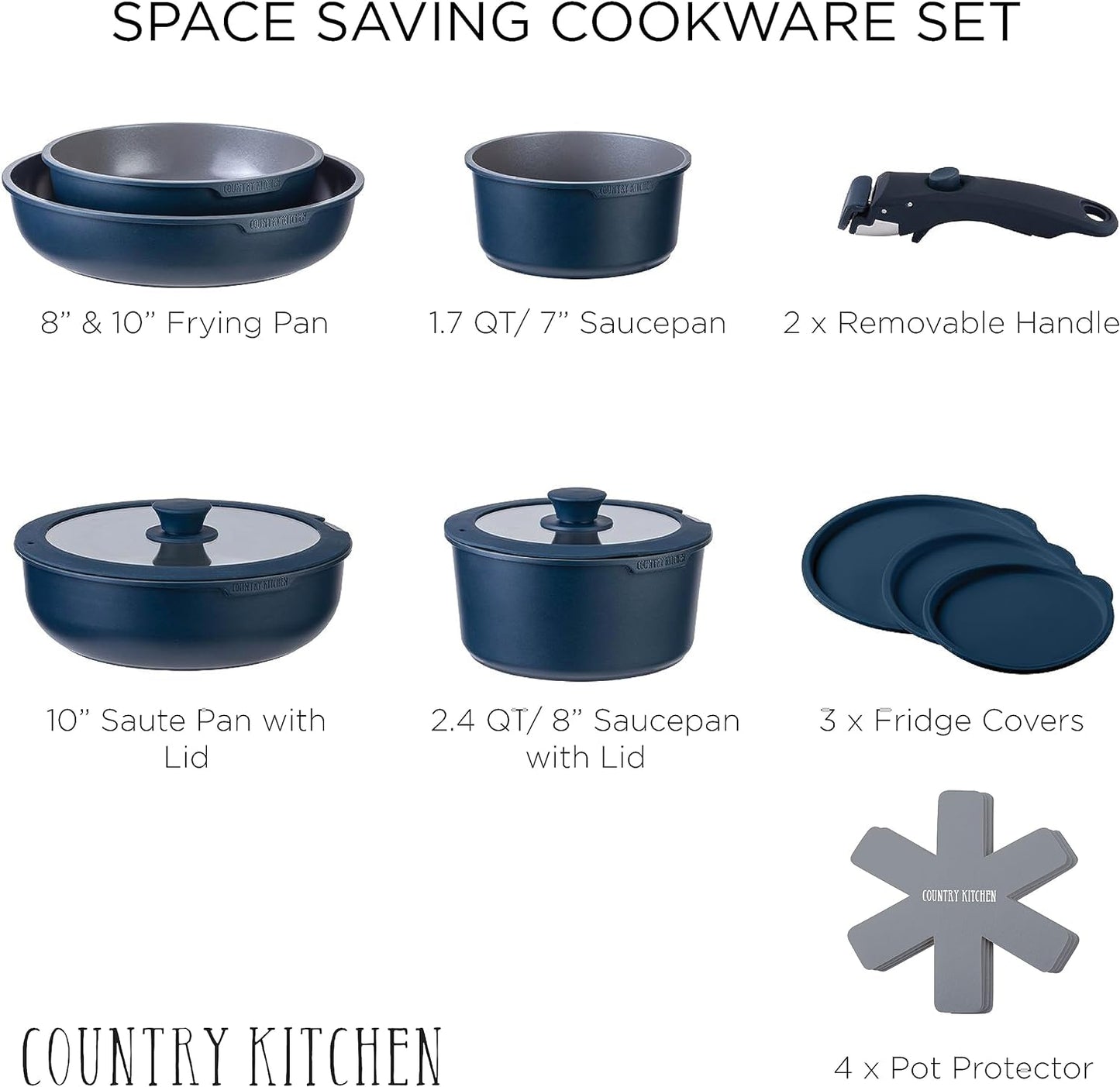 Country Kitchen 16 Piece Pots and Pans Set - Safe Healthy Ceramic Coatingnonstick Kitchen Cookware with Soft Touch Removable Handle, RV Cookware Set, Oven Safe (Denim)