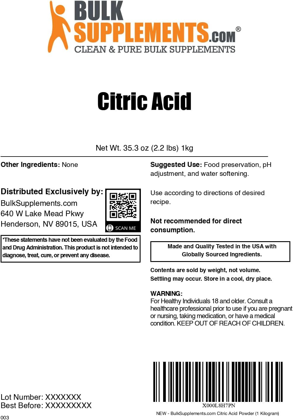 Bulksupplements.Com Citric Acid Powder - Citric Acid Food Grade, for Flavor Enhancer, & Cleaning, Citric Acid for Bath Bombs - Anhydrous & Gluten Free, 1Kg (2.2 Lbs) (Pack of 1)