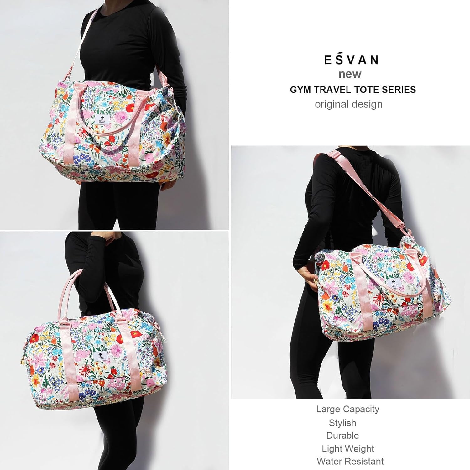 ESVAN Travel Tote Duffel Gym Bag,Weekender Overnight Carry-On Tote Crossbody Bag with Wet Pocket and Trolley Sleeve Upgraded
