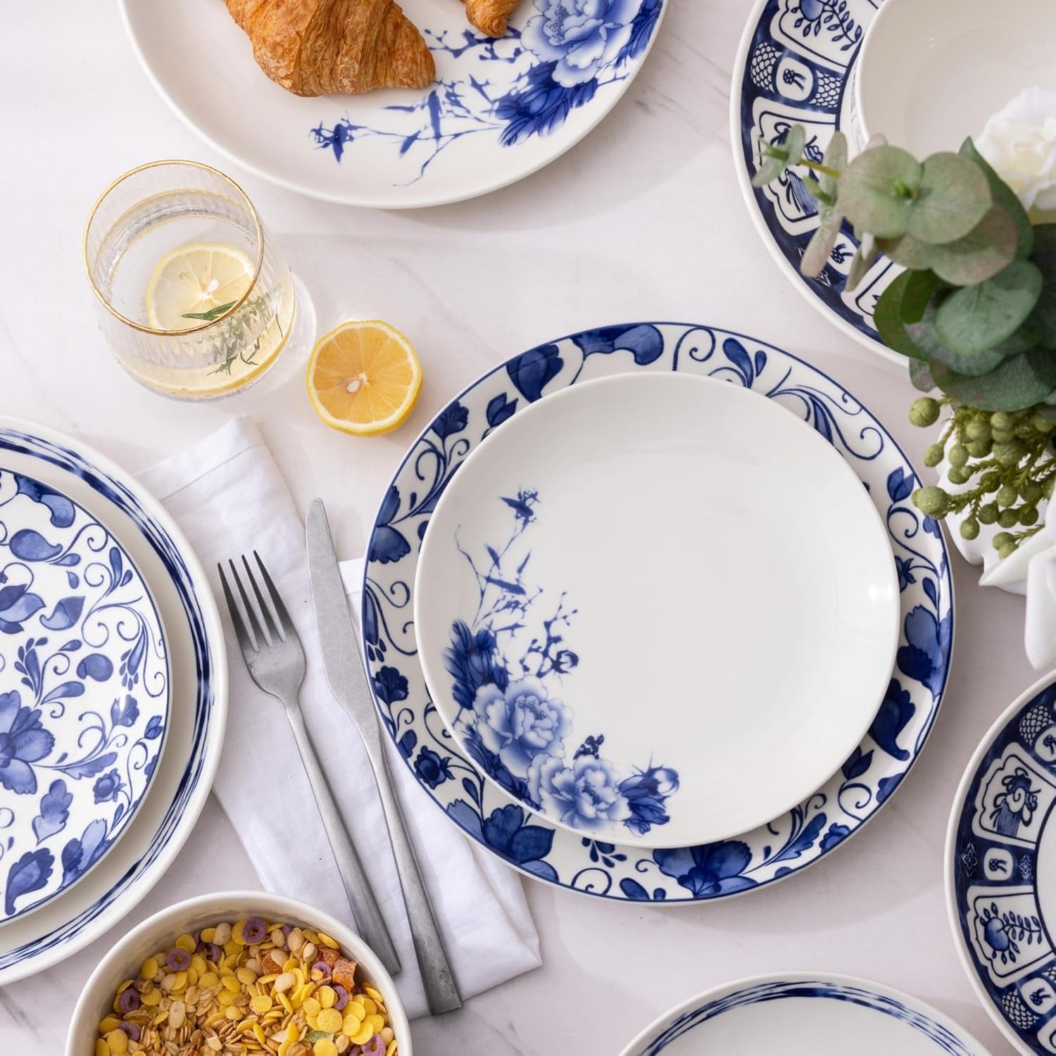 (12Pc) Ceramic Dinnerware Sets,Blue and White Plates and Bowls Set,Highly Chip A