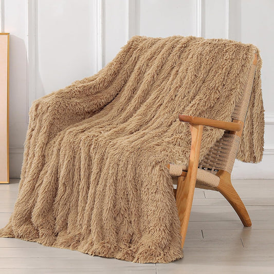 Tuddrom Decorative Extra Soft Faux Fur Throw Blanket 50" X 60",Solid Reversible Fuzzy Long Hair Shaggy Blanket,Fluffy Cozy Plush Fleece Comfy Microfiber Fur Blanket for Couch Sofa Bed,Camel