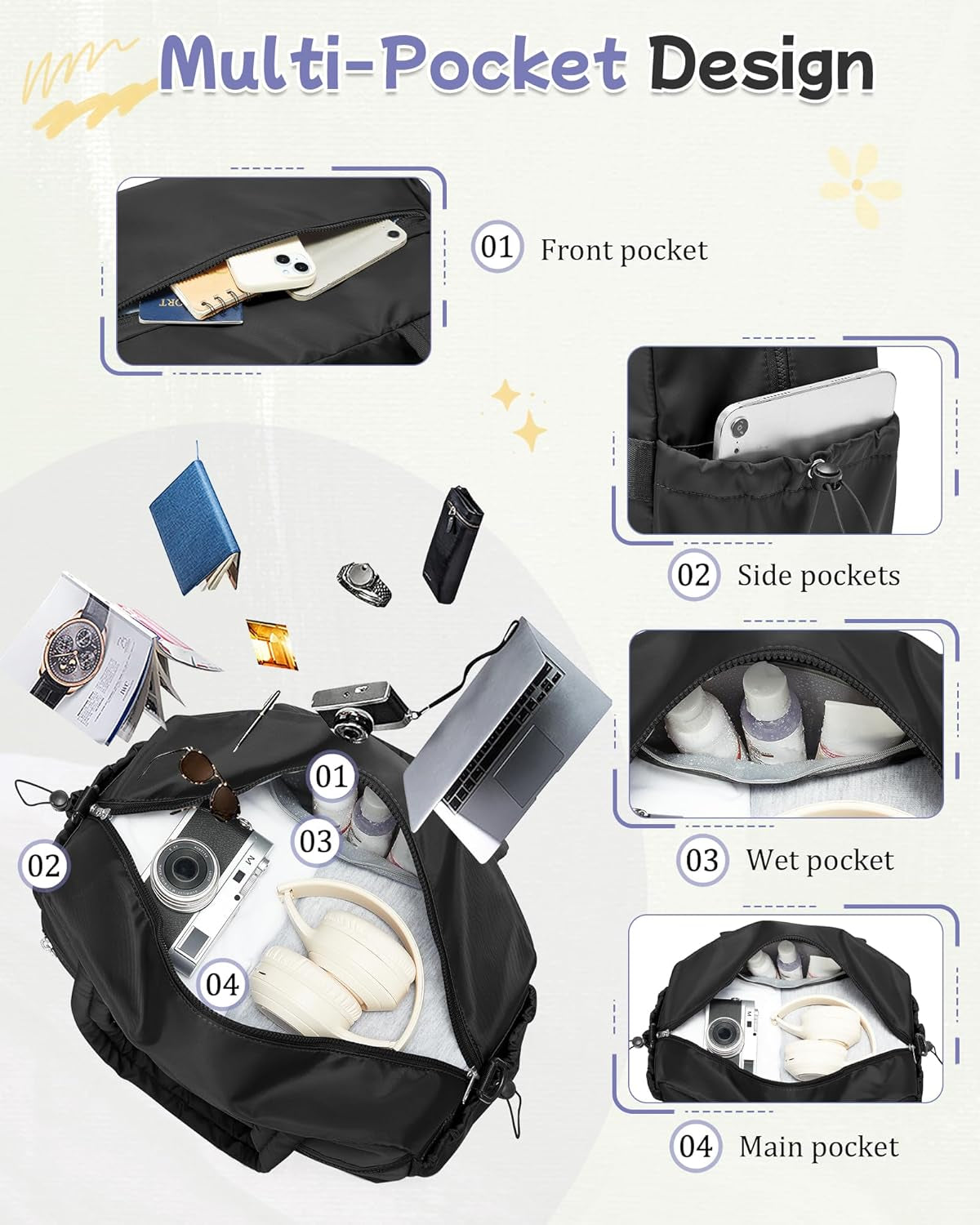 Small Black Gym Duffle Bag for Women Men, Waterproof Weekender Handbag Carry on Travel Bag for Airplane, Sports Yoga Tote Bag with Dry Wet Pocket