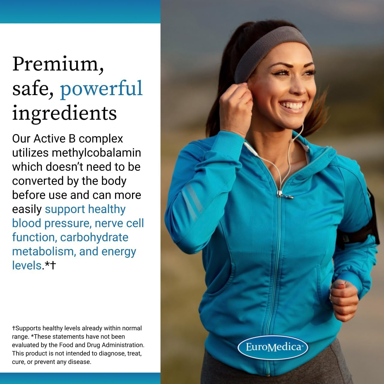 Euromedica Active B Complex - Supplement to Aid Heart Health with Bioactive B Vitamins - Supplement with Folate & Calcium - B Complex Capsules to Aid Nervous System Health & Function - 60 Capsules