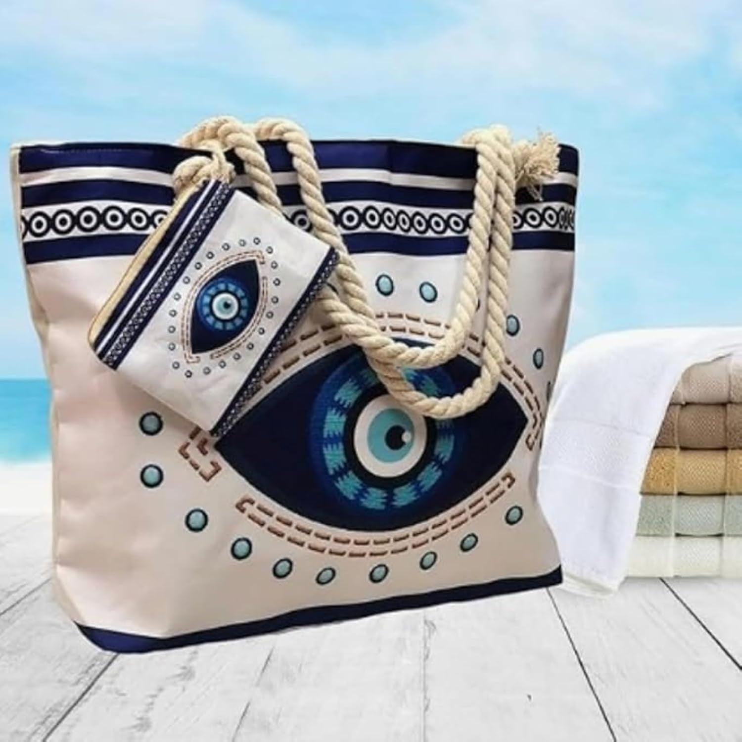 Evil Eye Beach Tote Bag,Handmade Canvas Shoulder Bag With,Multifunctional Shopping Bag,Suitable for Travel and Daily Use.