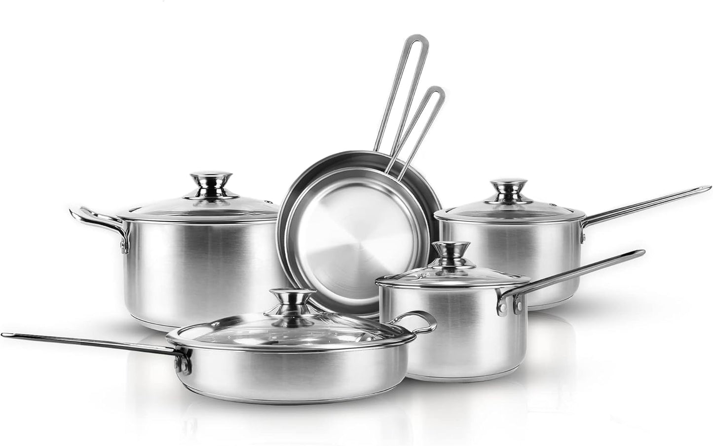 10-Piece Stainless Steel Pots and Pans Set, Kitchen Cookware Sets, Induction Pots and Pans, Cooking Set with Glass Lids, Frying Pans & Saucepan Compatible with All Stovetops