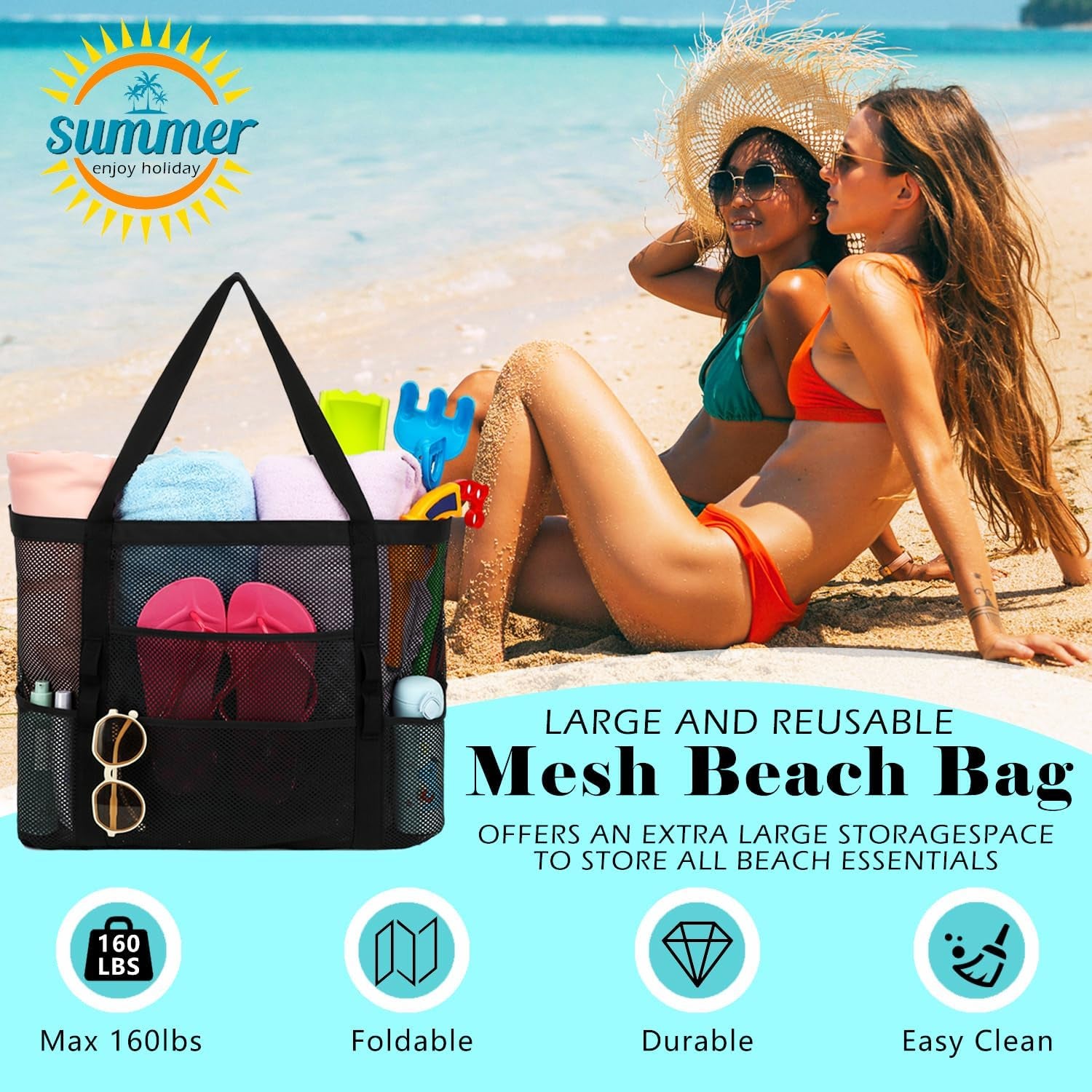 Mesh Beach Bag - Large Beach Tote Bag with Multiple Pockets for Family Beach Bag for Toys & Vacation Essentials