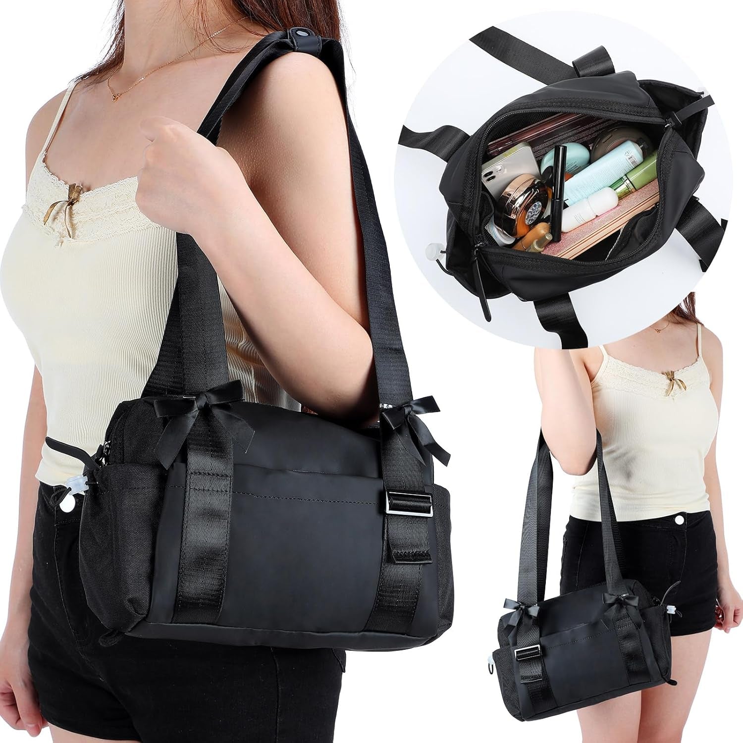 Black Bows Mini Gym Bag for Women Coquette Small Gym Tote Mini Duffle Bag with 5 Pcs Bows for Travel Weekender Yoga
