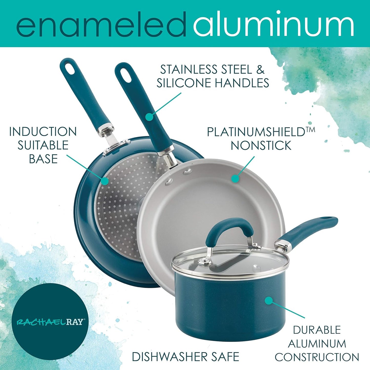 Rachael Ray Create Delicious Nonstick Cookware Pots and Pans Set, 13 Piece, Teal Shimmer