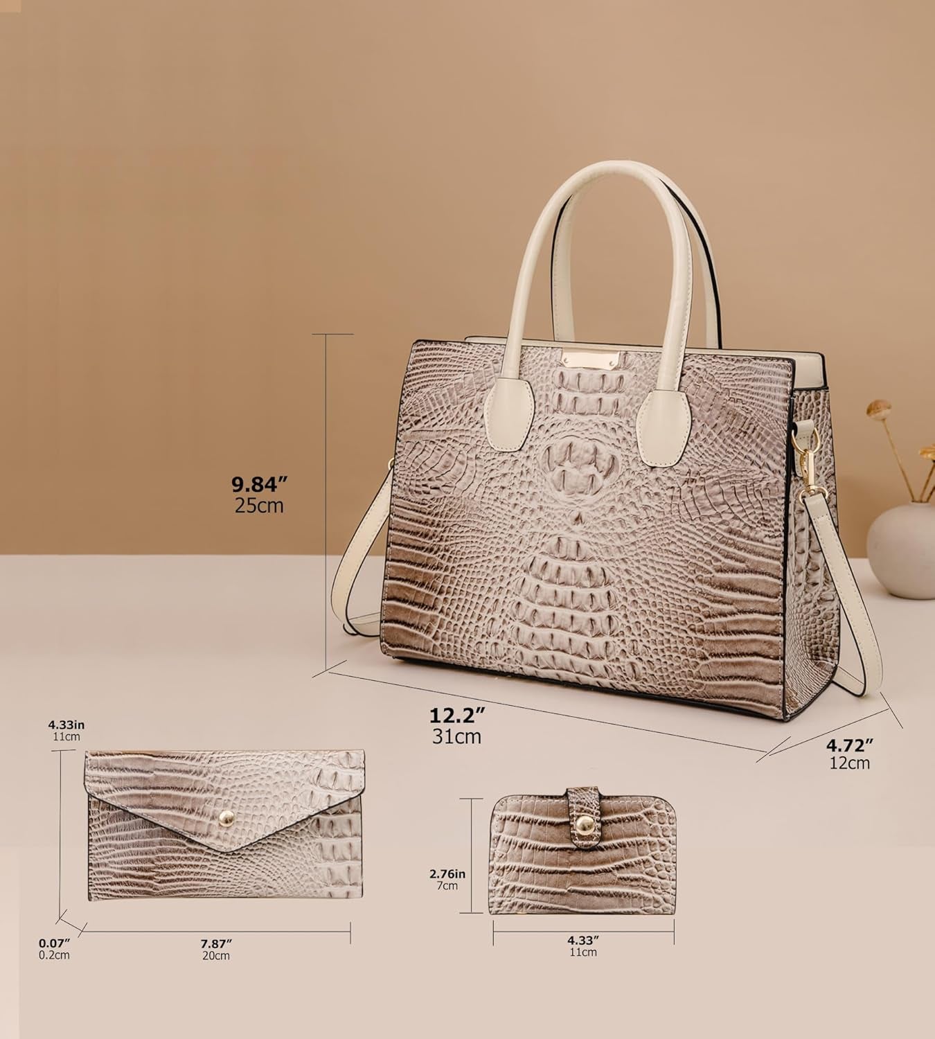 Women'S 3-Piece Crocodile Pattern Handbag Set, Large Capacity Tote with Wallet and Coin Purse, Brown