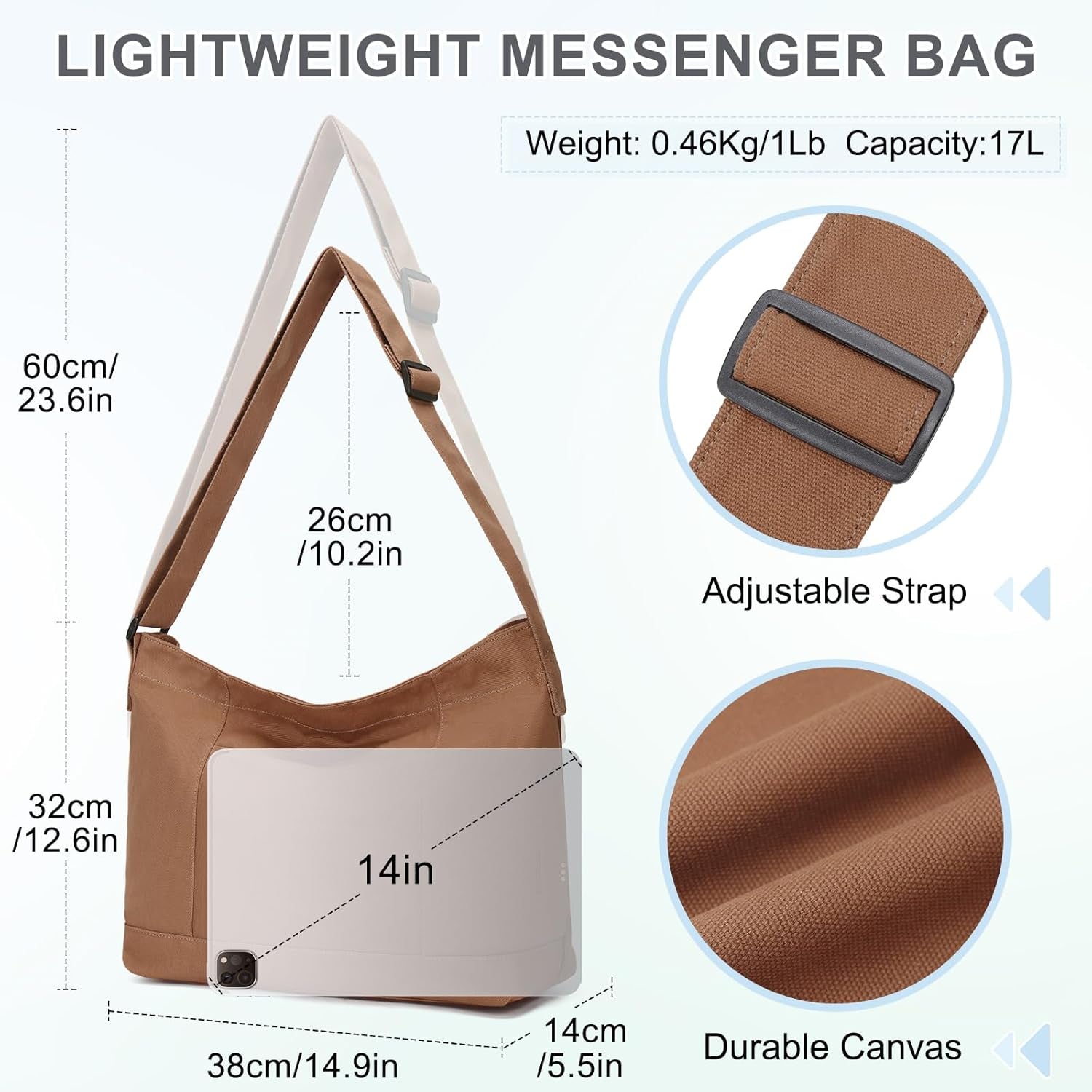 VASCHY Canvas Messenger Bag, Lightweight Casual Crossbody Slouchy Shoulder Hobo Side Bag Purse for Men and Women